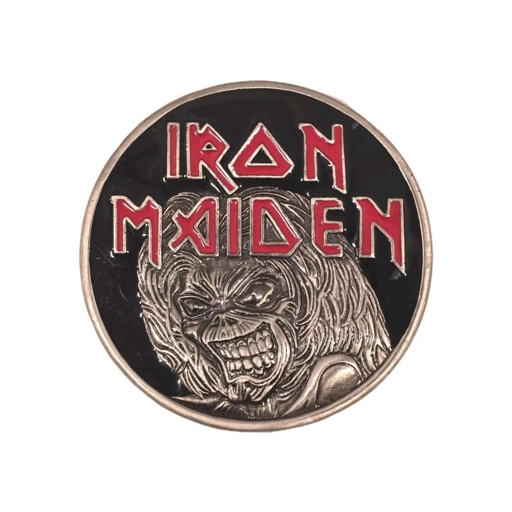 Vintage‎ Iron Maiden Belt Buckle Silver Tone w/Black & Red Accents Round Killers